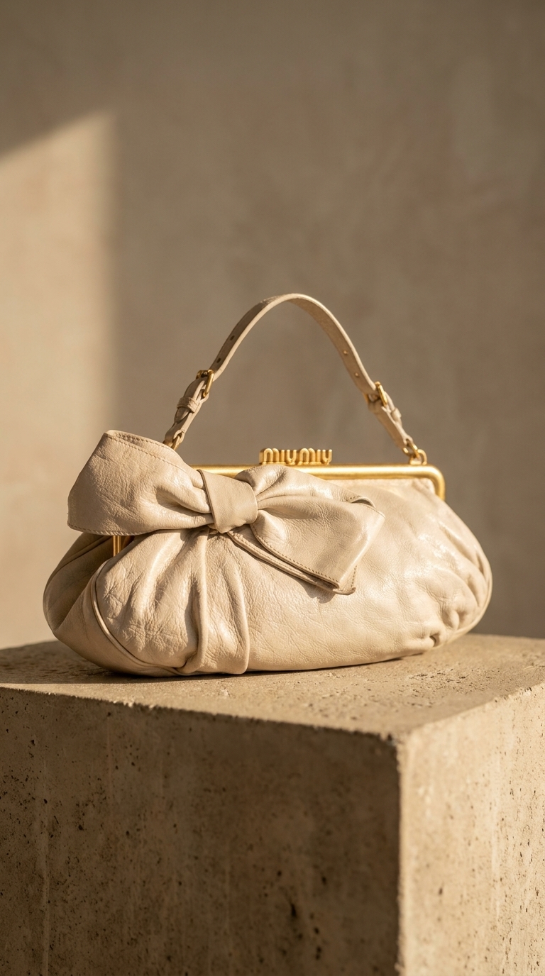 Sunlit straw bag on stone pedestal — example 2 (fashion, AI generation on Cheeppy)