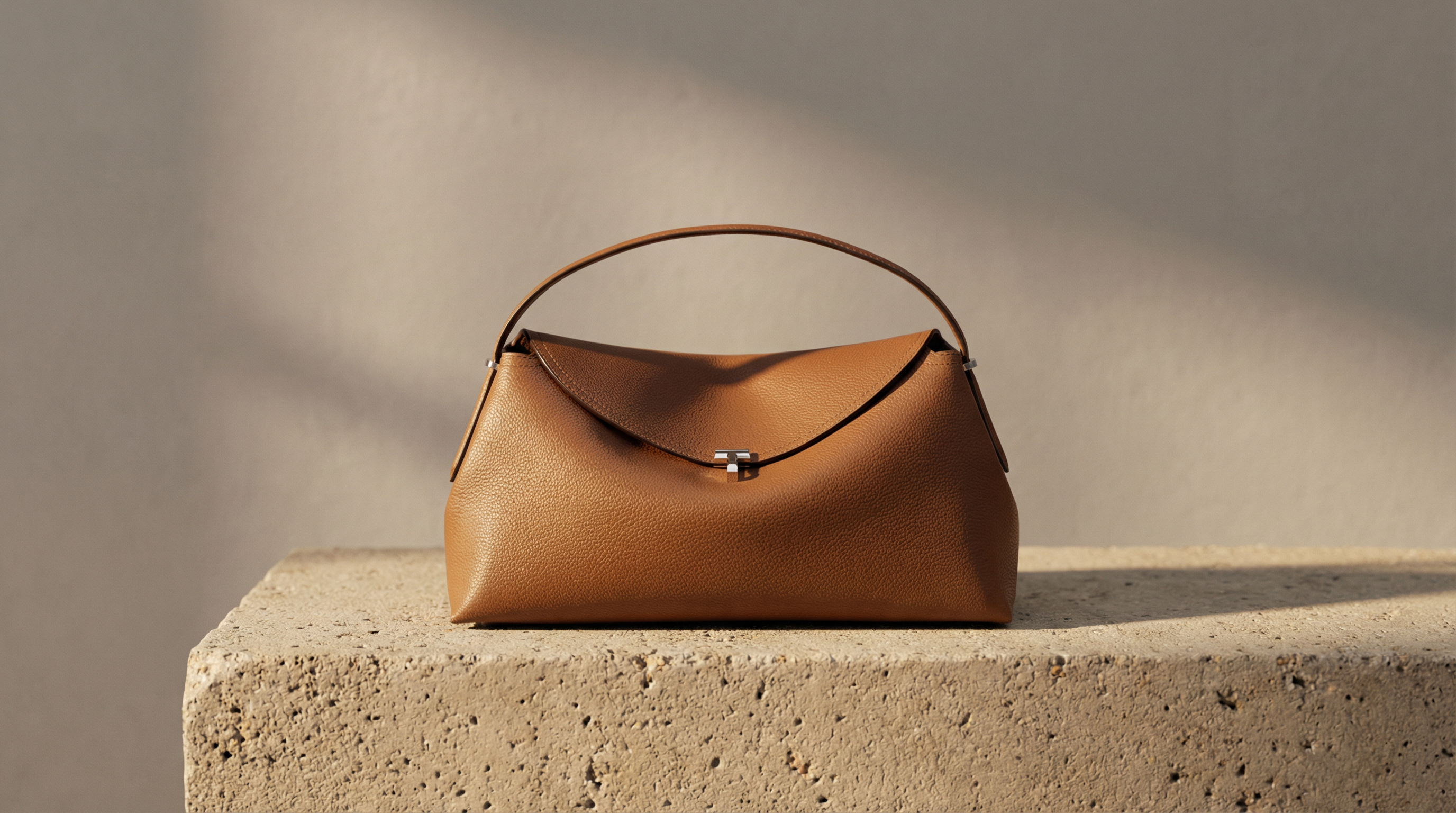 Sunlit straw bag on stone pedestal — example 3 (fashion, AI generation on Cheeppy)