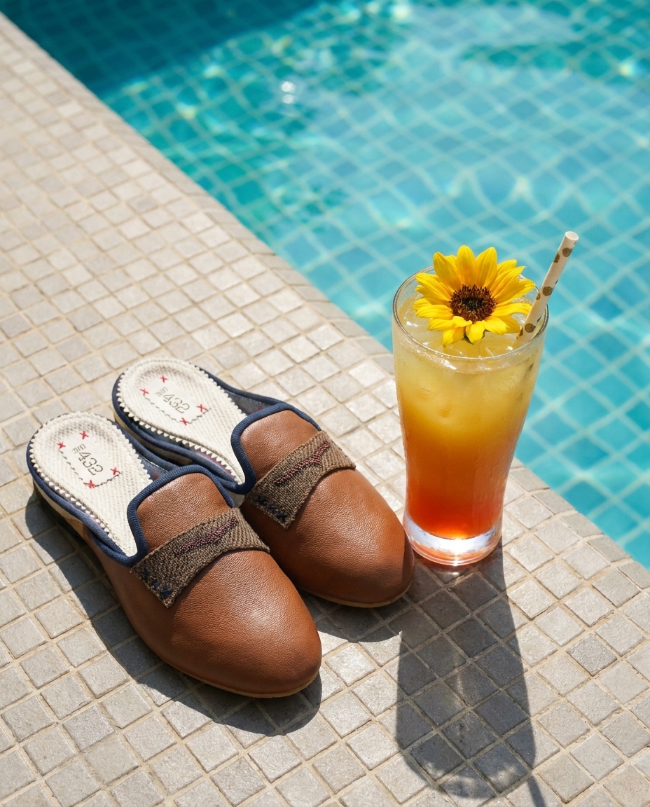 Poolside summer sandals flat lay — example 1 (fashion, AI generation on Cheeppy)