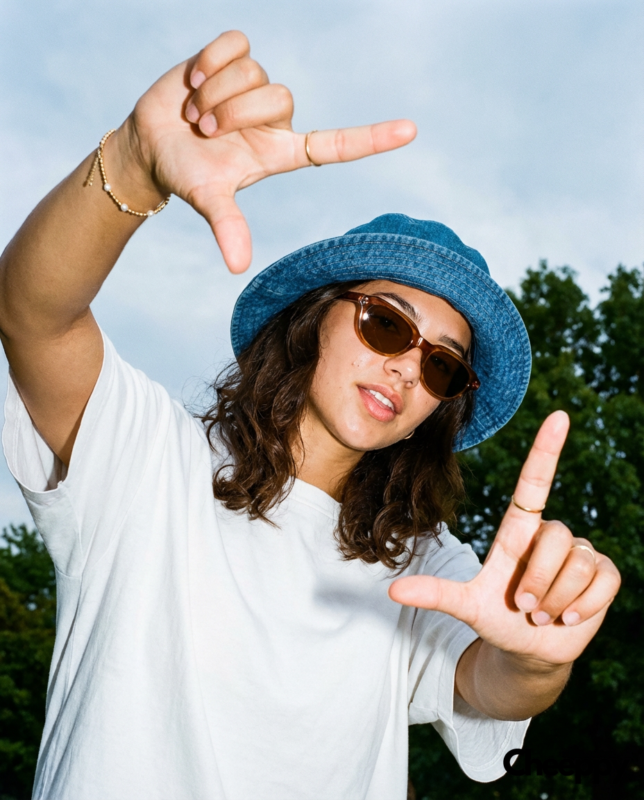 Playful street-style sunglasses portrait — example 1 (fashion, AI generation on Cheeppy)