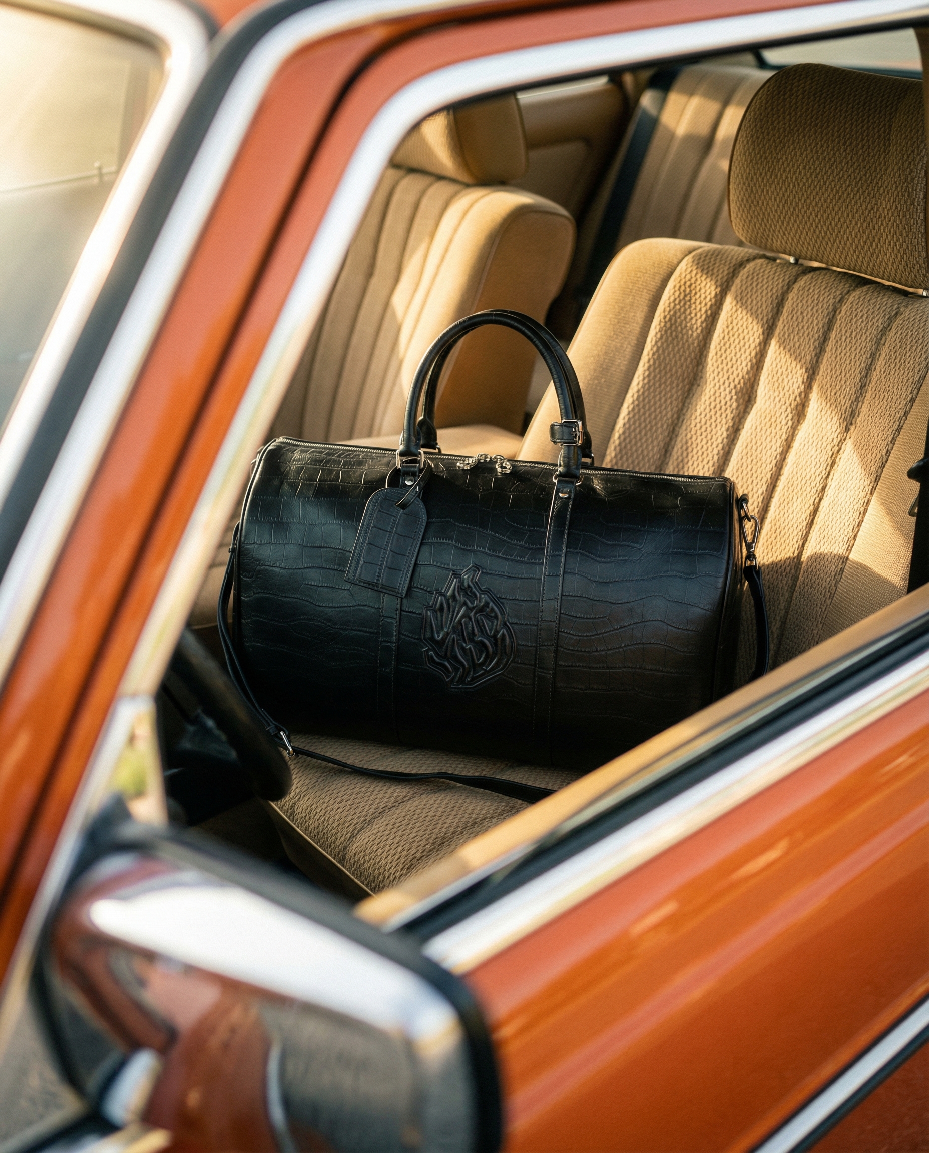 Vintage car interior with a premium leather travel bag — example 3 (fashion, AI generation on Cheeppy)