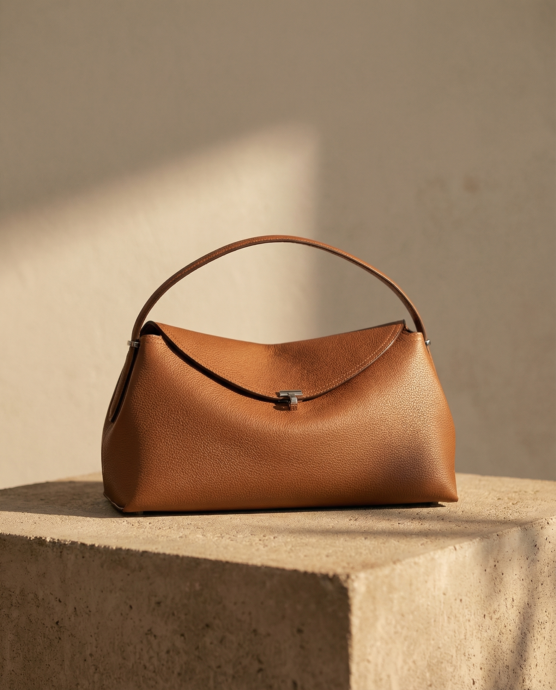Sunlit straw bag on stone pedestal — example 4 (fashion, AI generation on Cheeppy)