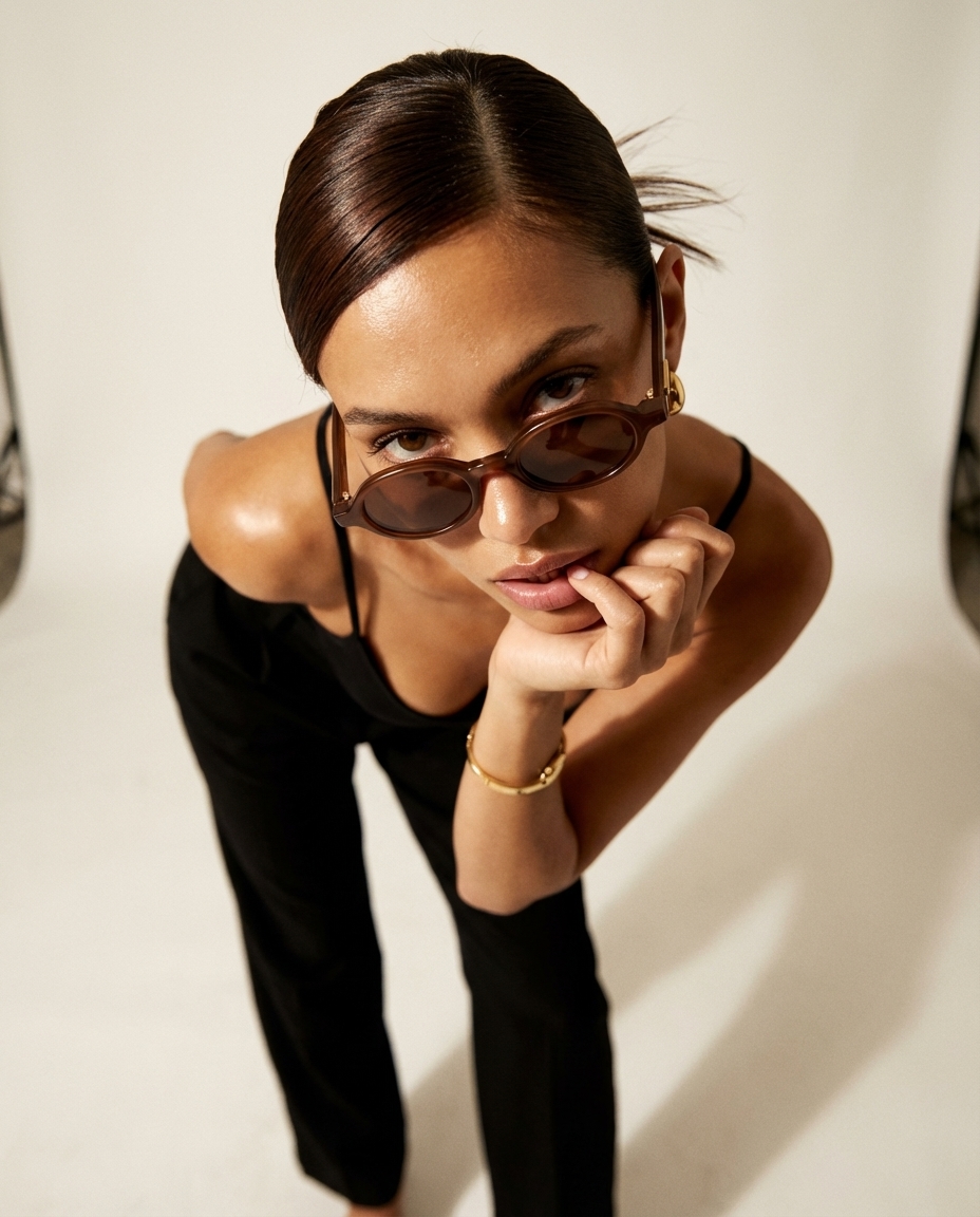 High-Angle Editorial Sunglasses Portrait — example 1 (fashion, AI generation on Cheeppy)