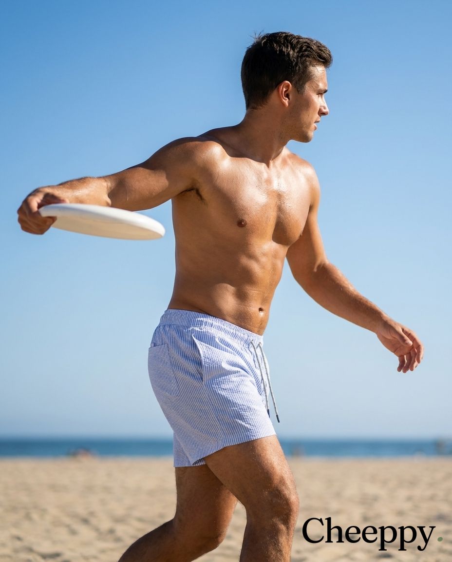 Active beach swim shorts lifestyle shot — example 1 (fashion, AI generation on Cheeppy)