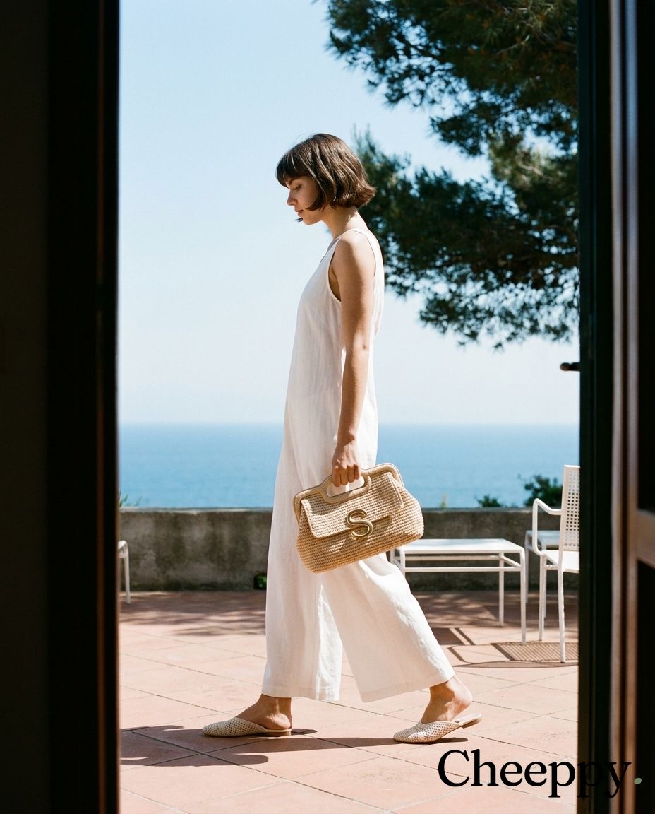 Mediterranean terrace walk with a minimalist handbag — example 1 (fashion, AI generation on Cheeppy)