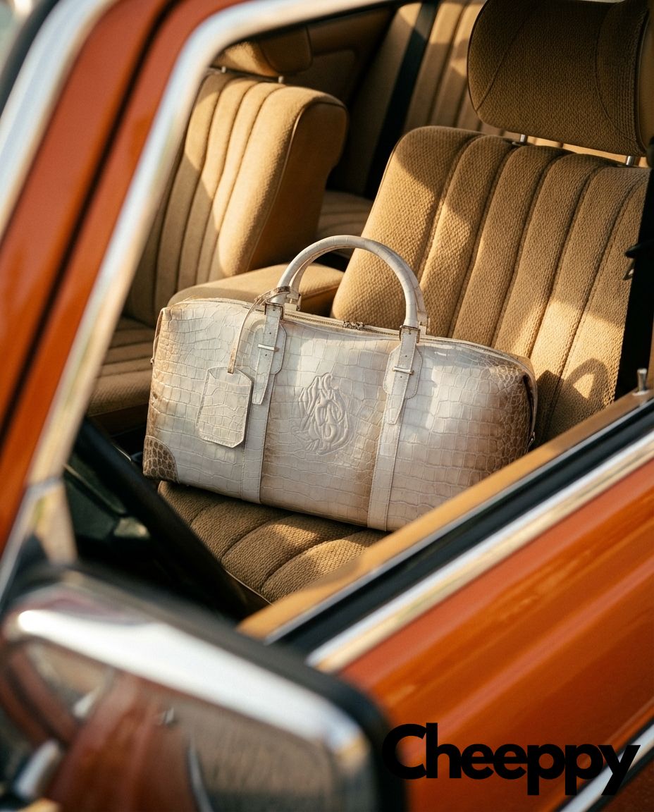 Vintage car interior with a premium leather travel bag — example 1 (fashion, AI generation on Cheeppy)