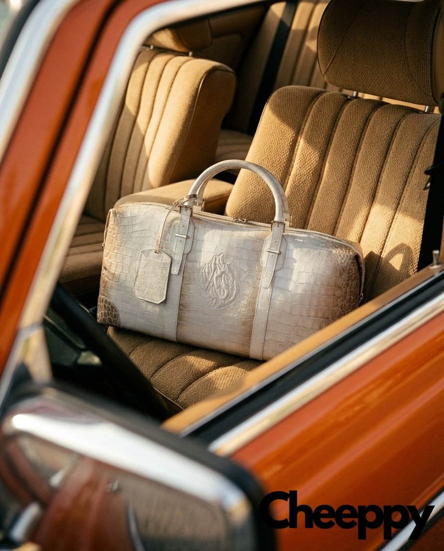 Vintage car interior with a premium leather travel bag — example 1 (fashion, AI generation on Cheeppy)