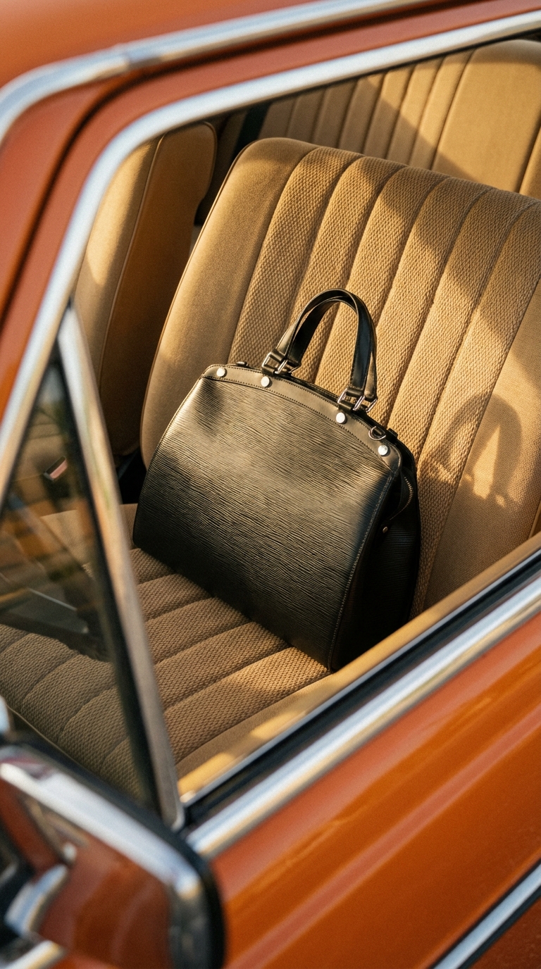 Vintage car interior with a premium leather travel bag — example 2 (fashion, AI generation on Cheeppy)