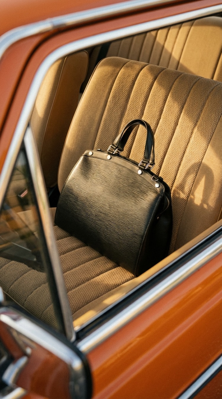 Vintage car interior with a premium leather travel bag — example 2 (fashion, AI generation on Cheeppy)