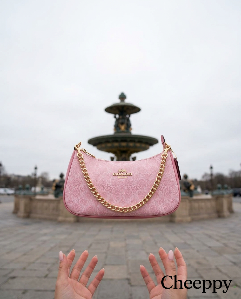 Floating statement bag above a Parisian fountain — example 1 (fashion, AI generation on Cheeppy)