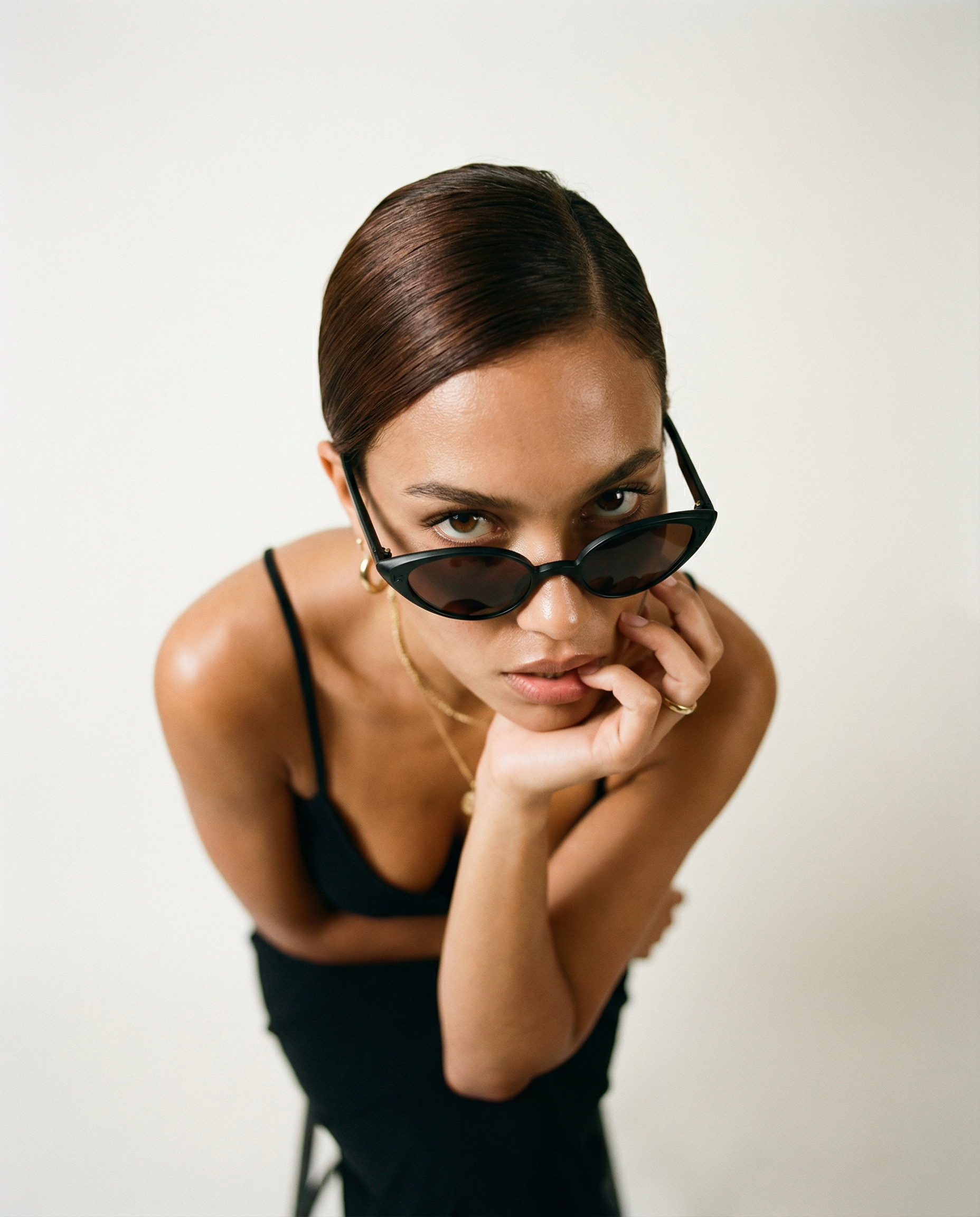 High-Angle Editorial Sunglasses Portrait — example 4 (fashion, AI generation on Cheeppy)