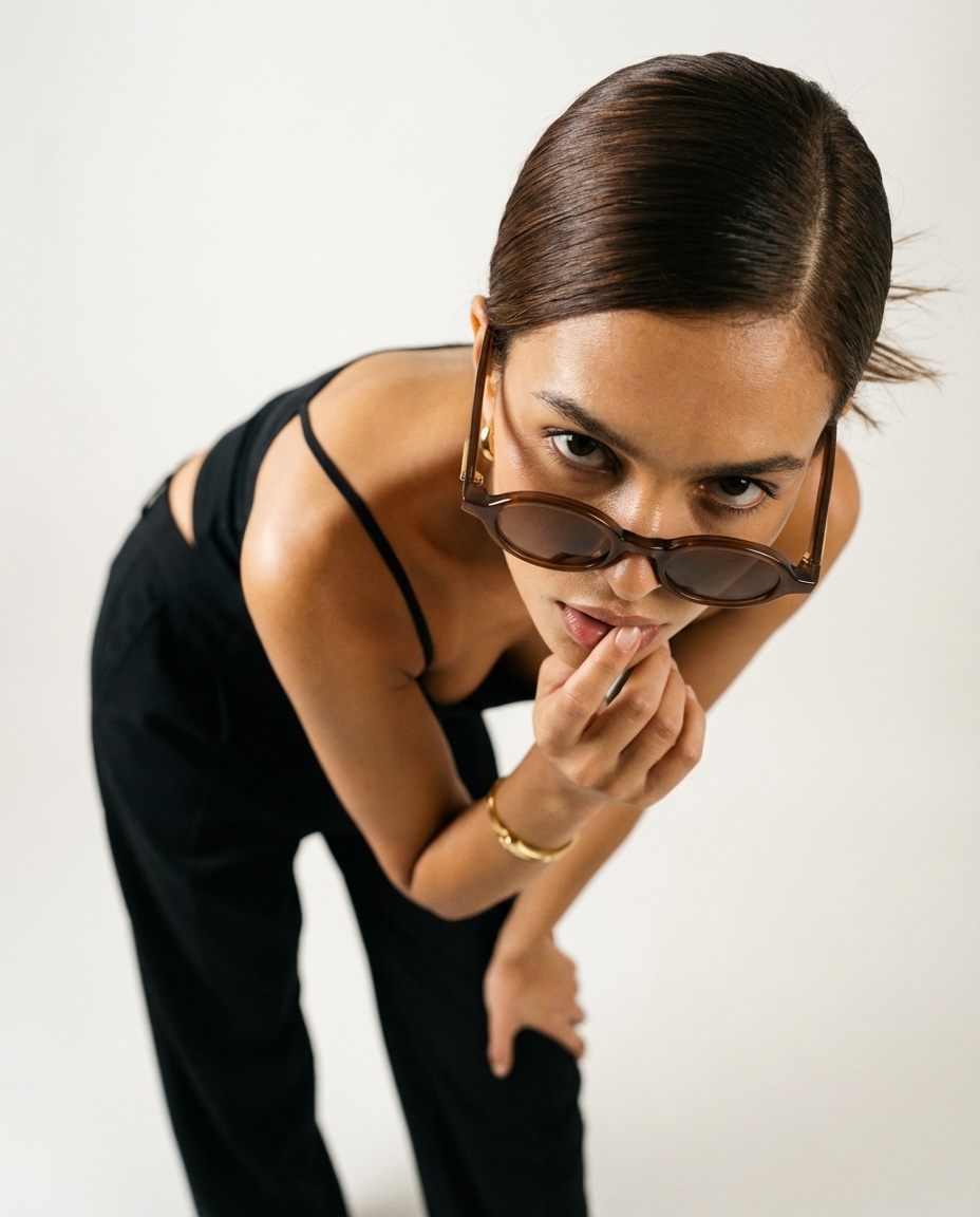 High-Angle Editorial Sunglasses Portrait — example 2 (fashion, AI generation on Cheeppy)