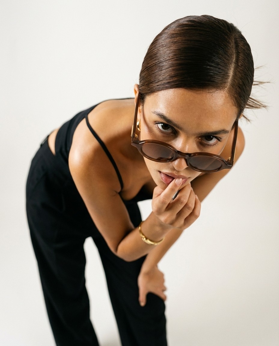 High-Angle Editorial Sunglasses Portrait — example 2 (fashion, AI generation on Cheeppy)