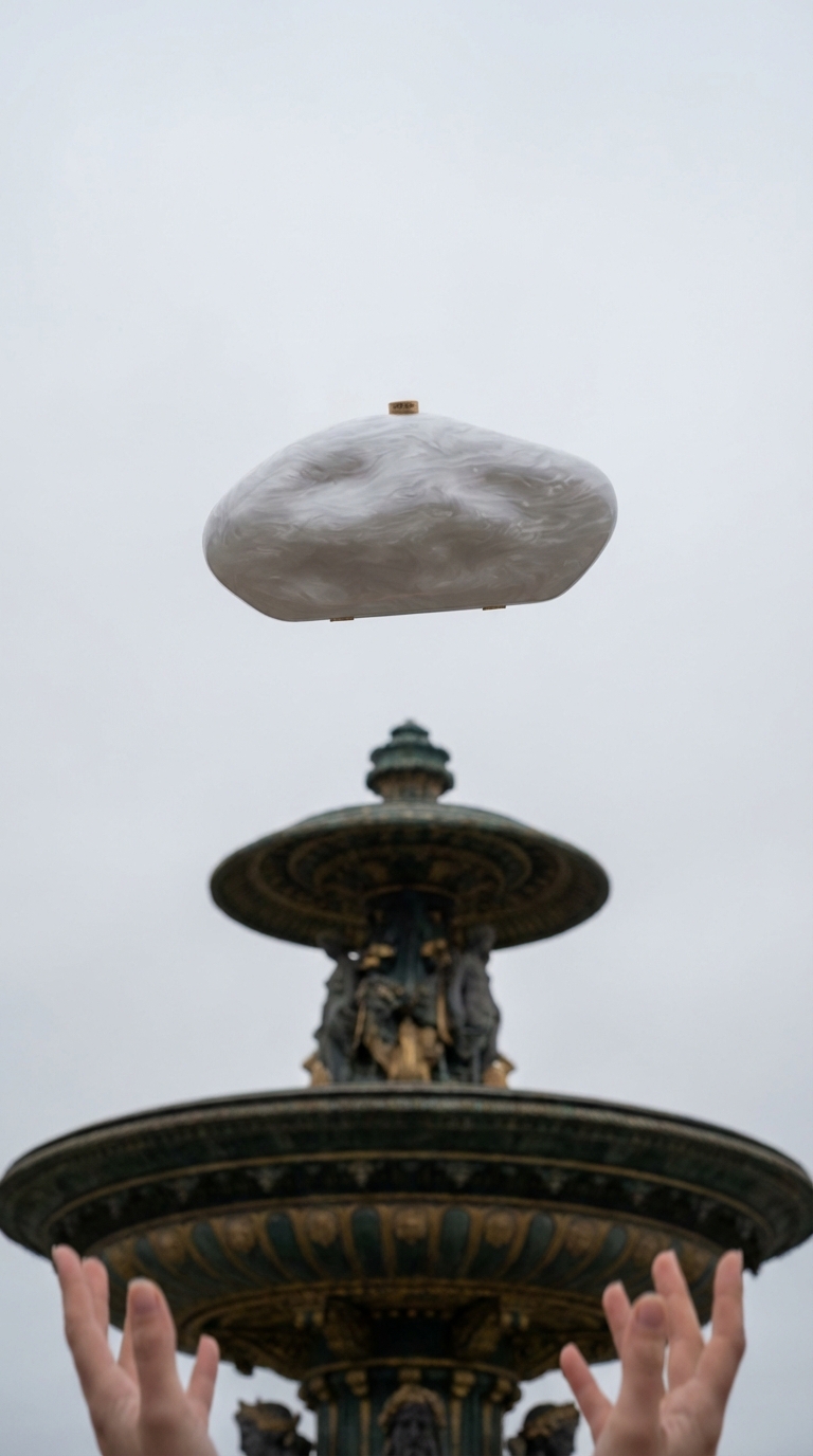 Floating statement bag above a Parisian fountain — example 2 (fashion, AI generation on Cheeppy)