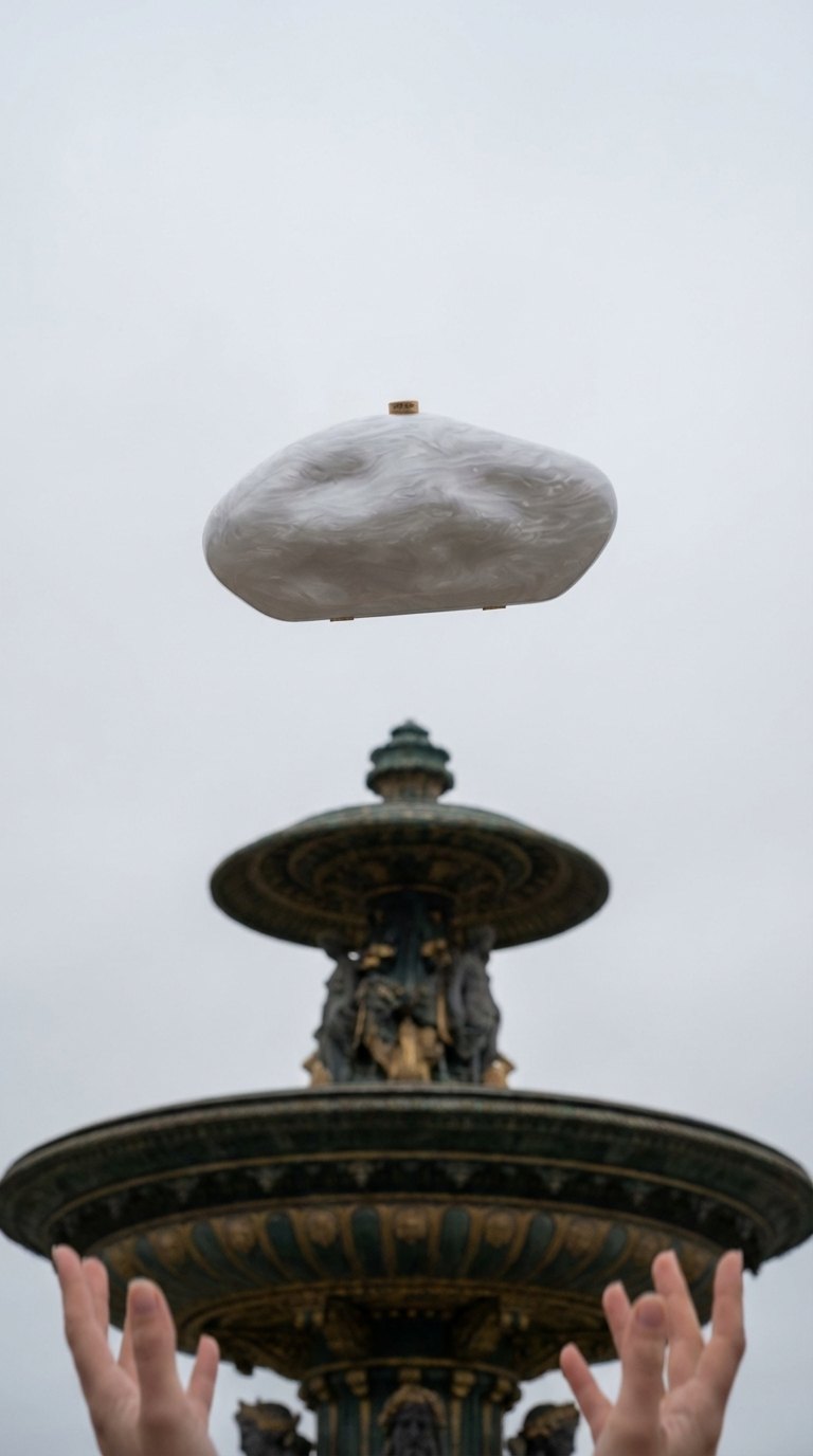 Floating statement bag above a Parisian fountain — example 2 (fashion, AI generation on Cheeppy)