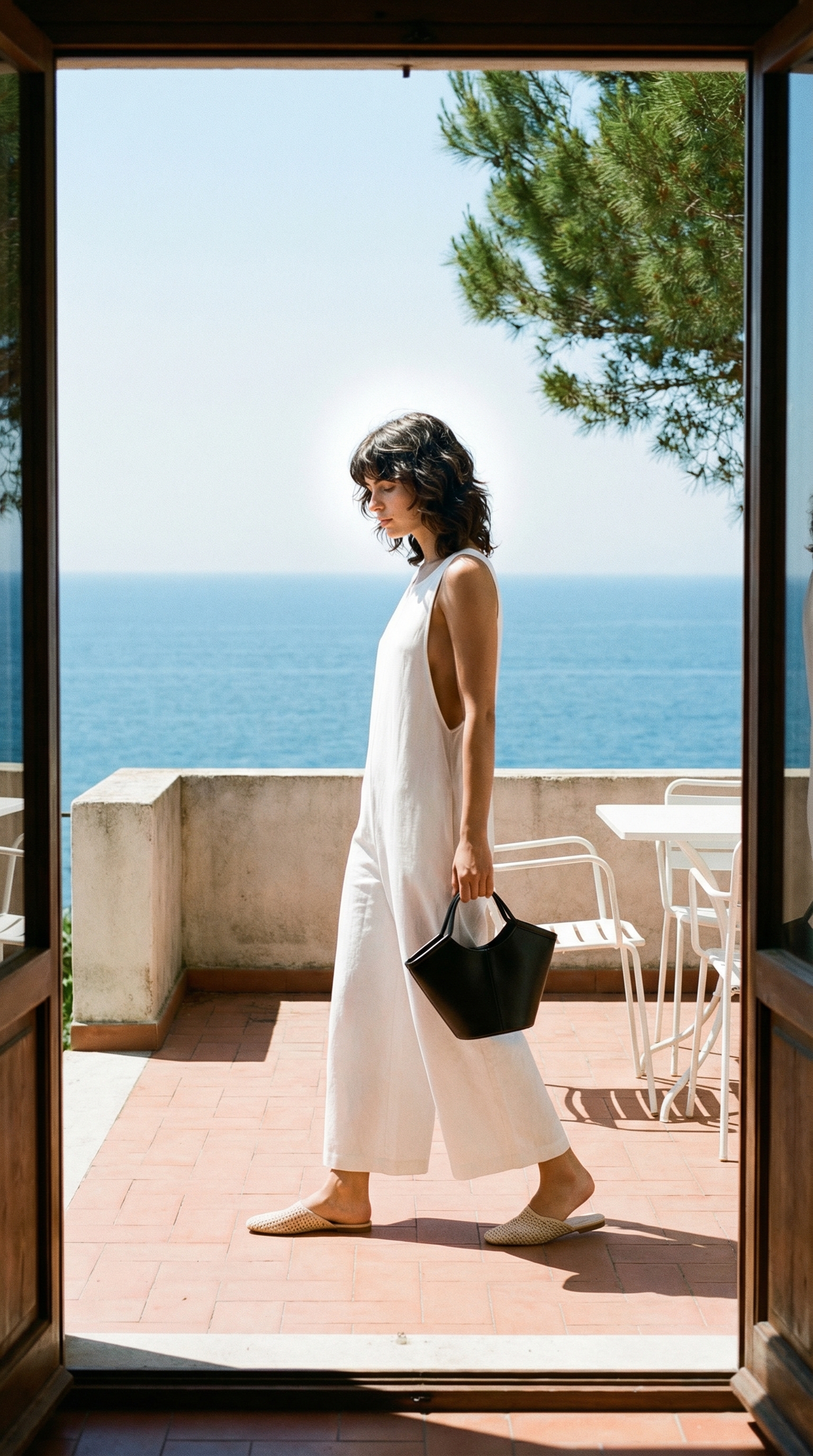 Mediterranean terrace walk with a minimalist handbag — cover image, fashion style by pixlkraft
