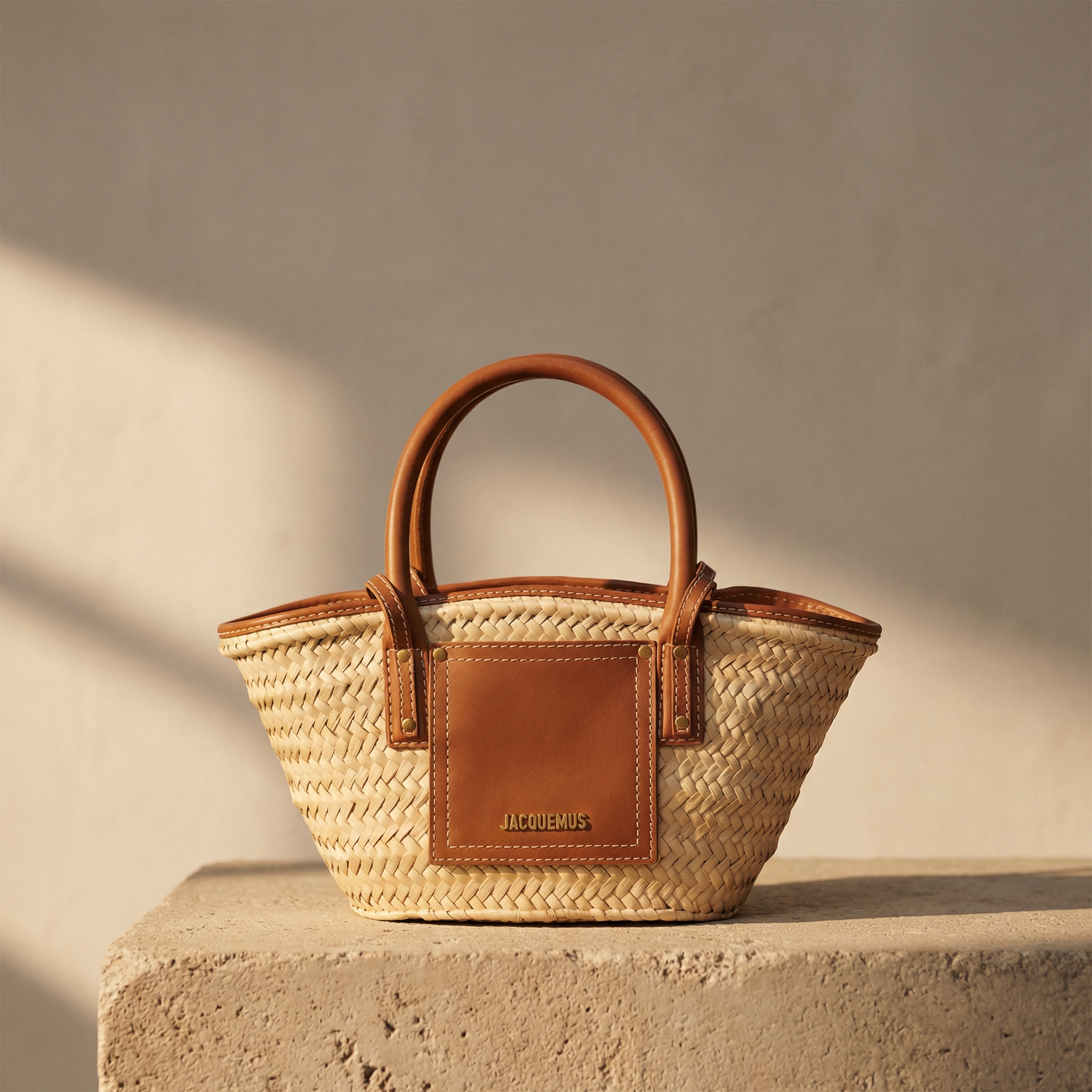 Sunlit straw bag on stone pedestal — cover image, fashion style by studio_miko