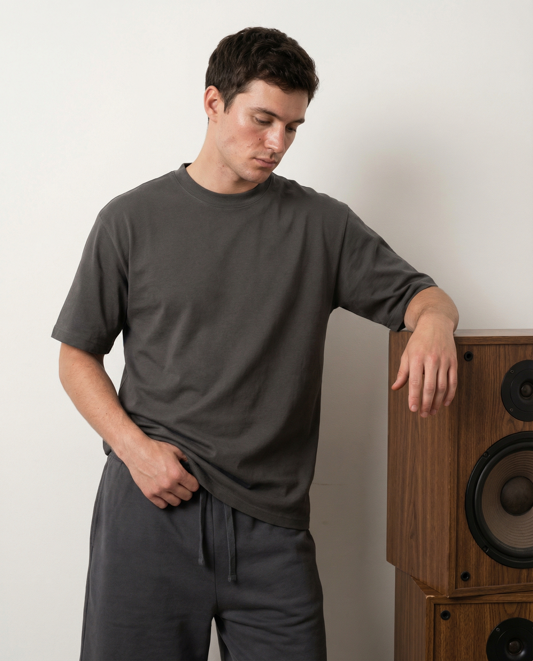Minimal indoor lifestyle shot for loungewear and basics brands — cover image, fashion style by voidrender