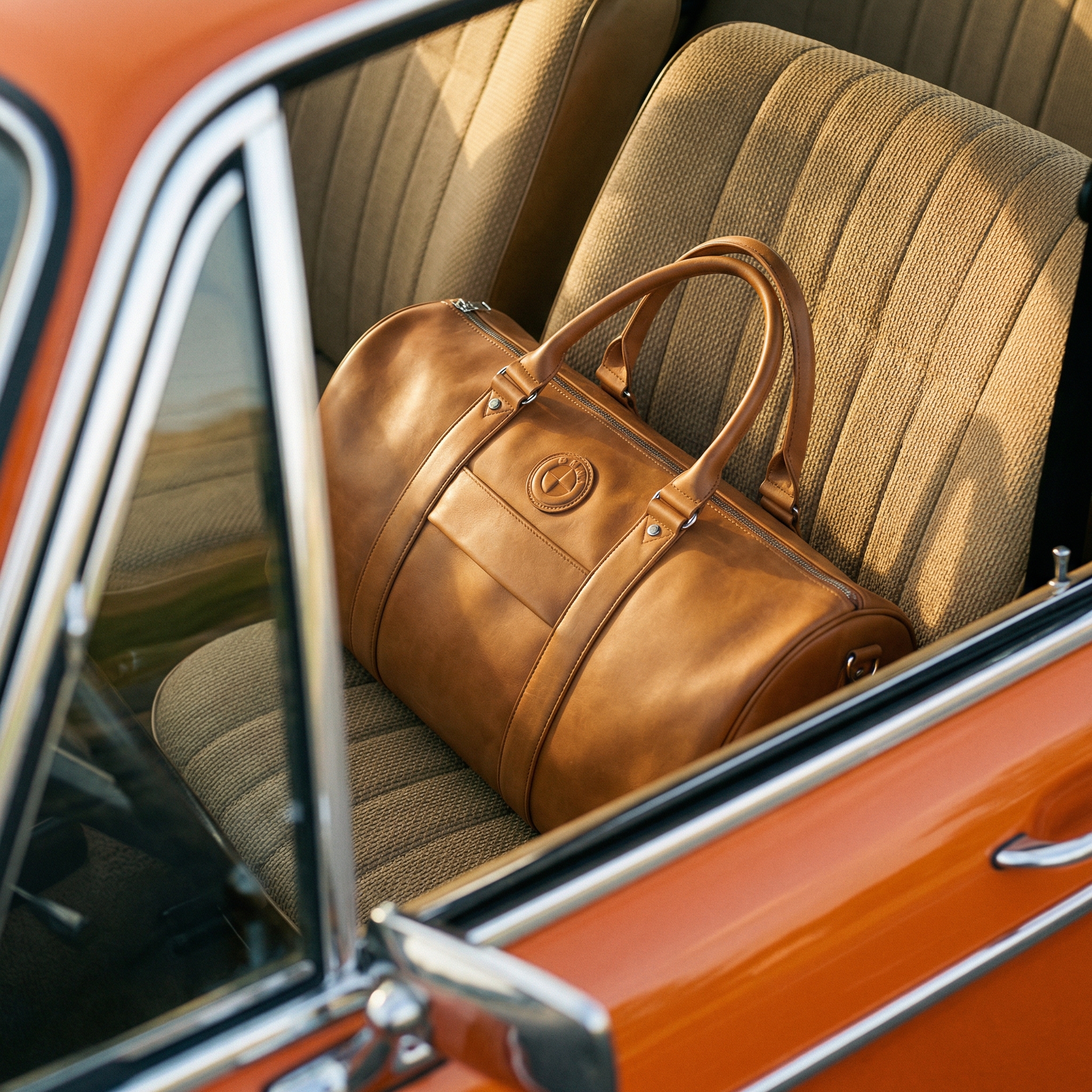 Vintage car interior with a premium leather travel bag — cover image, fashion style by Adi Vinogradov