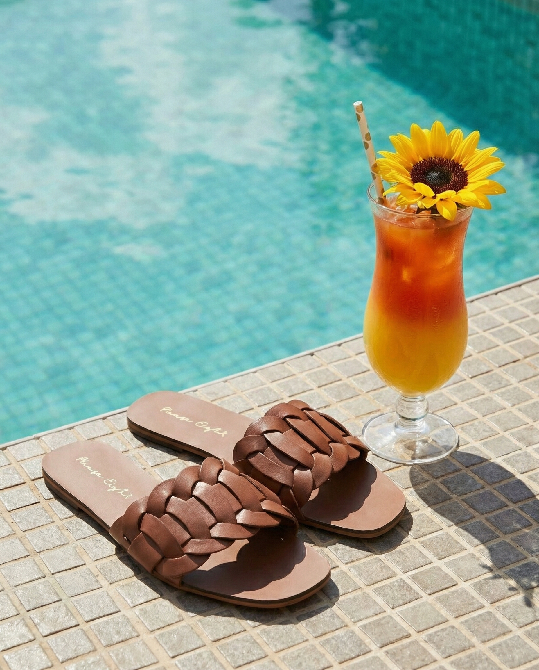 Poolside summer sandals flat lay — cover image, fashion style by lktokb