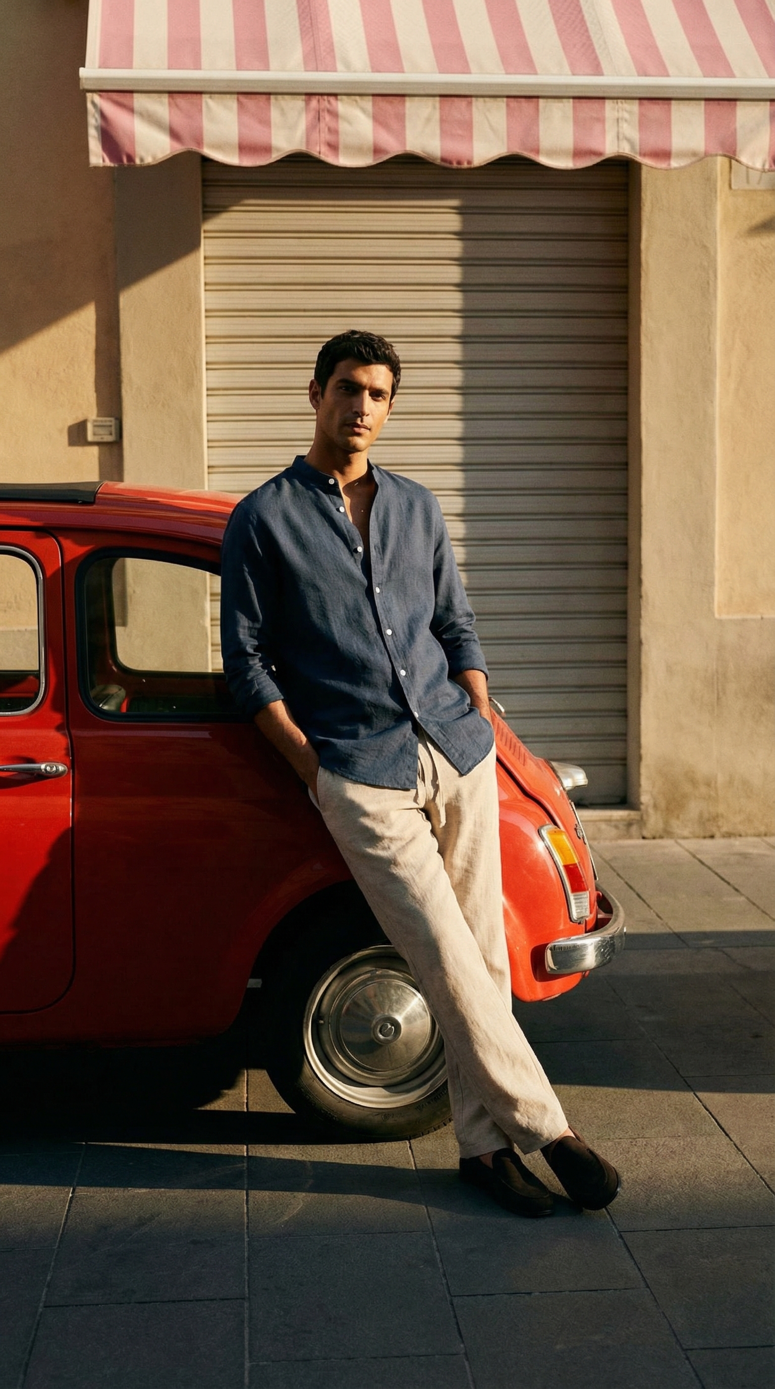 Golden hour street portrait of a man leaning against a vintage red car — cover image, fashion style by marcovisuals