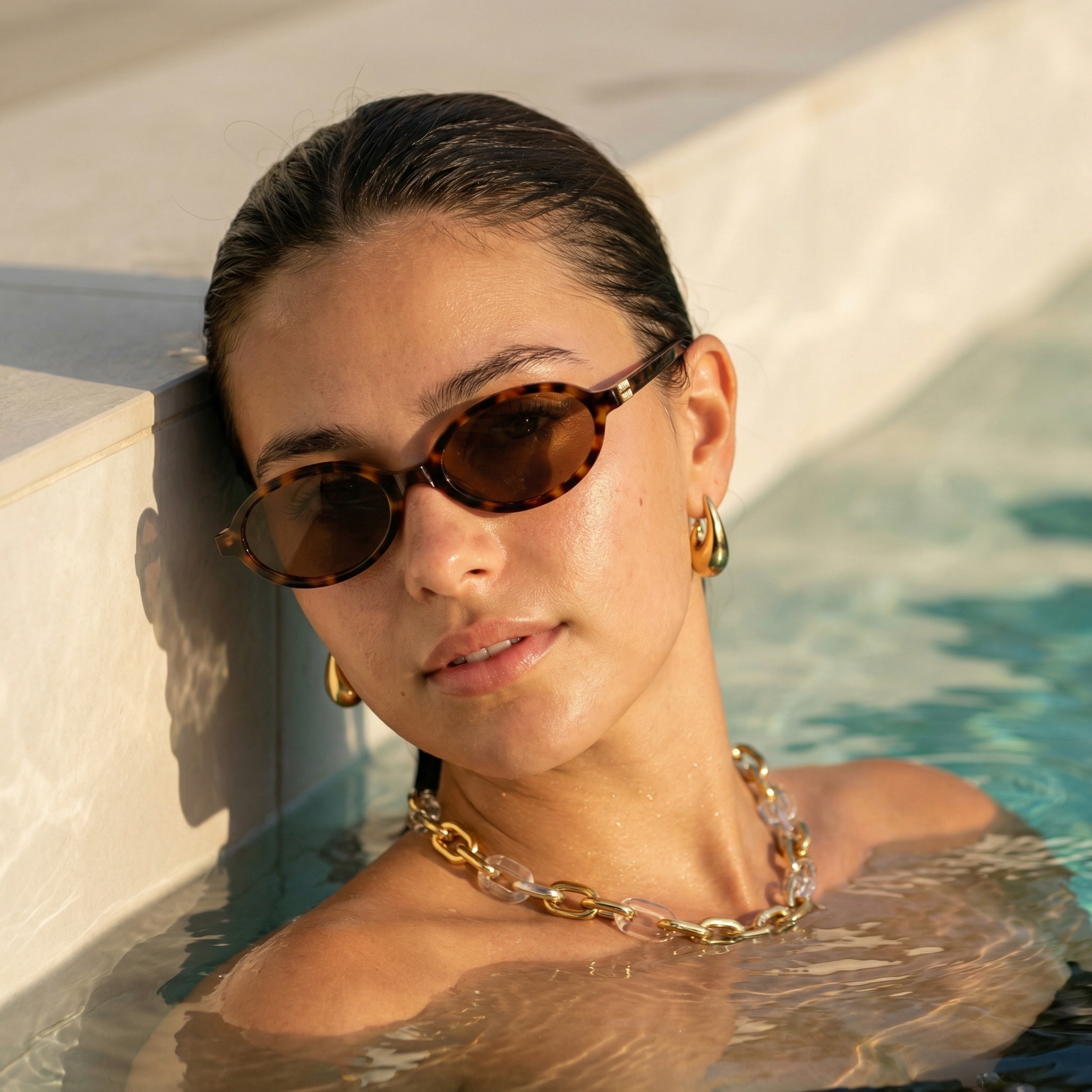 Luxury poolside sunglasses close-up — cover image, fashion style by emmarstudio