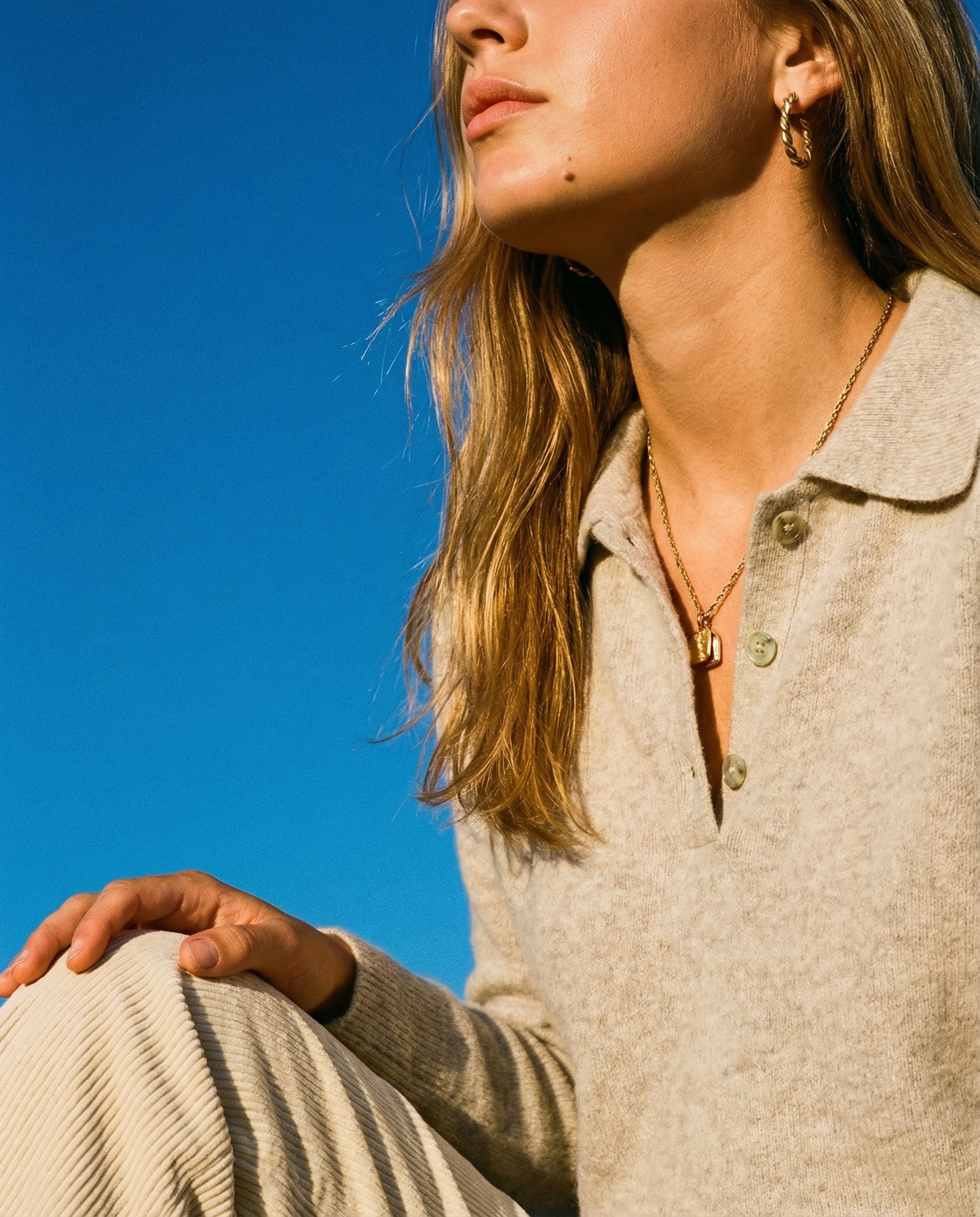 Editorial sunlight knitwear portrait — cover image, fashion style by emmarstudio